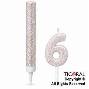 SET BENGALA Y VELA NUMERAL NUMERO 6 CON GIBRE BLANCO